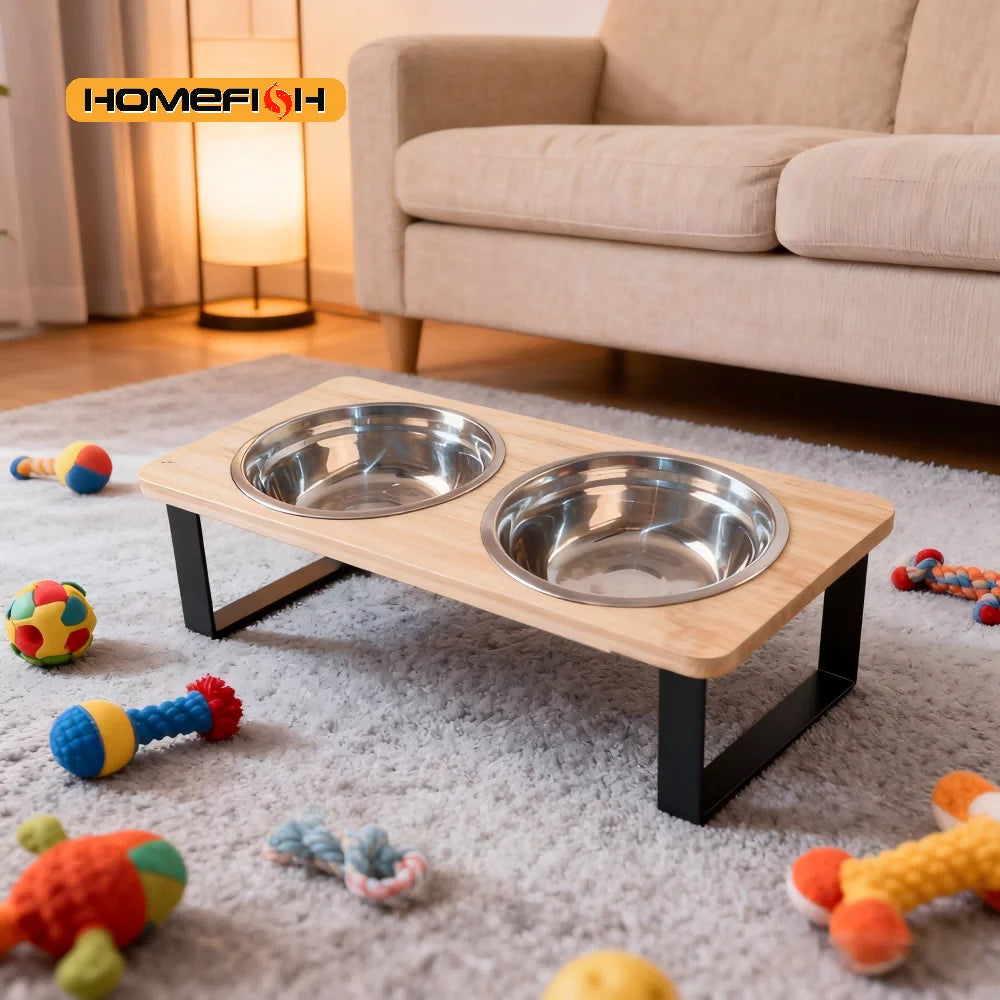 Elevated Cat Bowl 15° Tilted Feeder Wooden Base & 2 Steel Bowls Raised Cat Feeder Babs