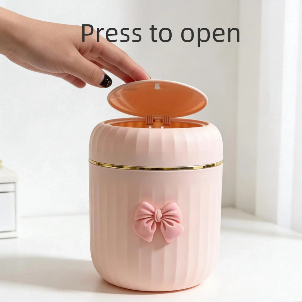 Mini Press-Open Desktop Trash Can with Lid & Bow Decor Desktop Trash Can Babs