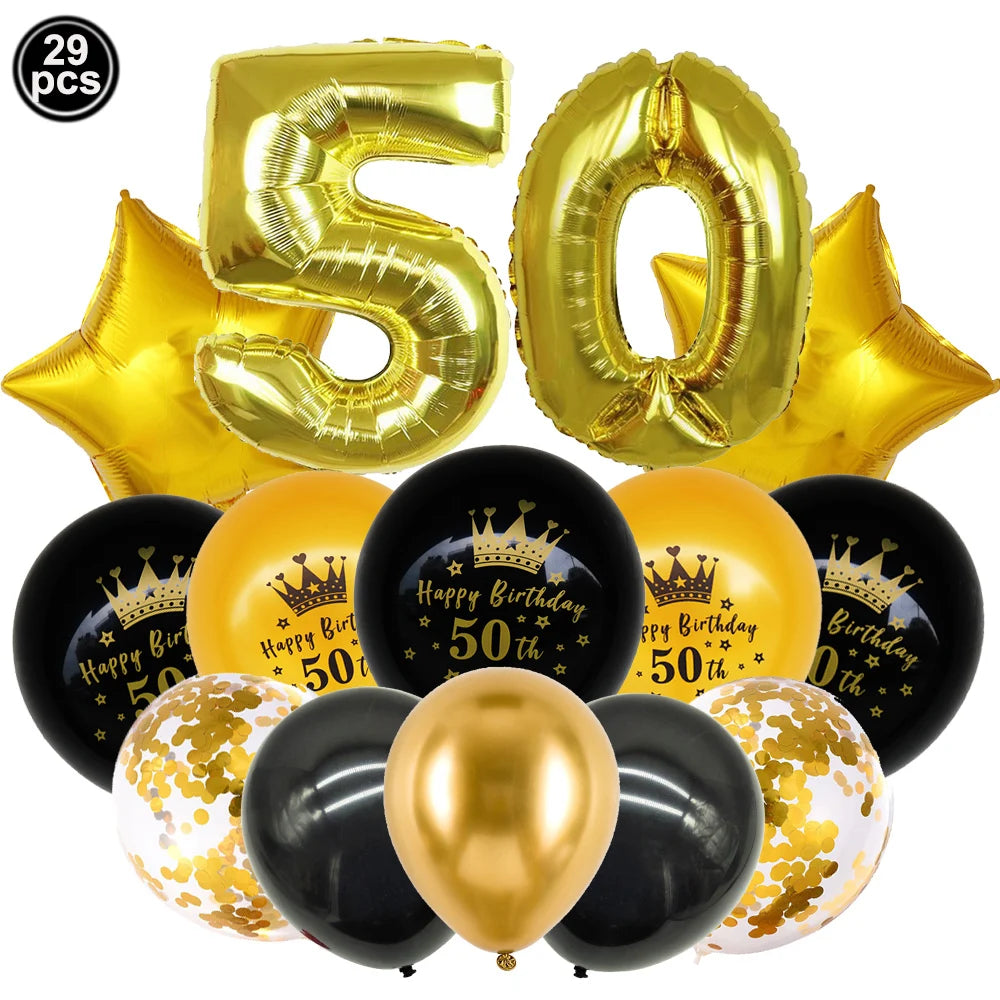 50th Birthday Party Tableware Set – Black & Gold Disposable Party Tableware Babs balloon set
