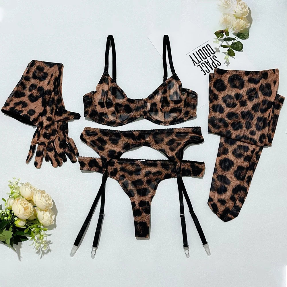 5-Piece Leopard Lingerie Set – Bra, Panty, Garter & Stockings Lingerie Set Babs