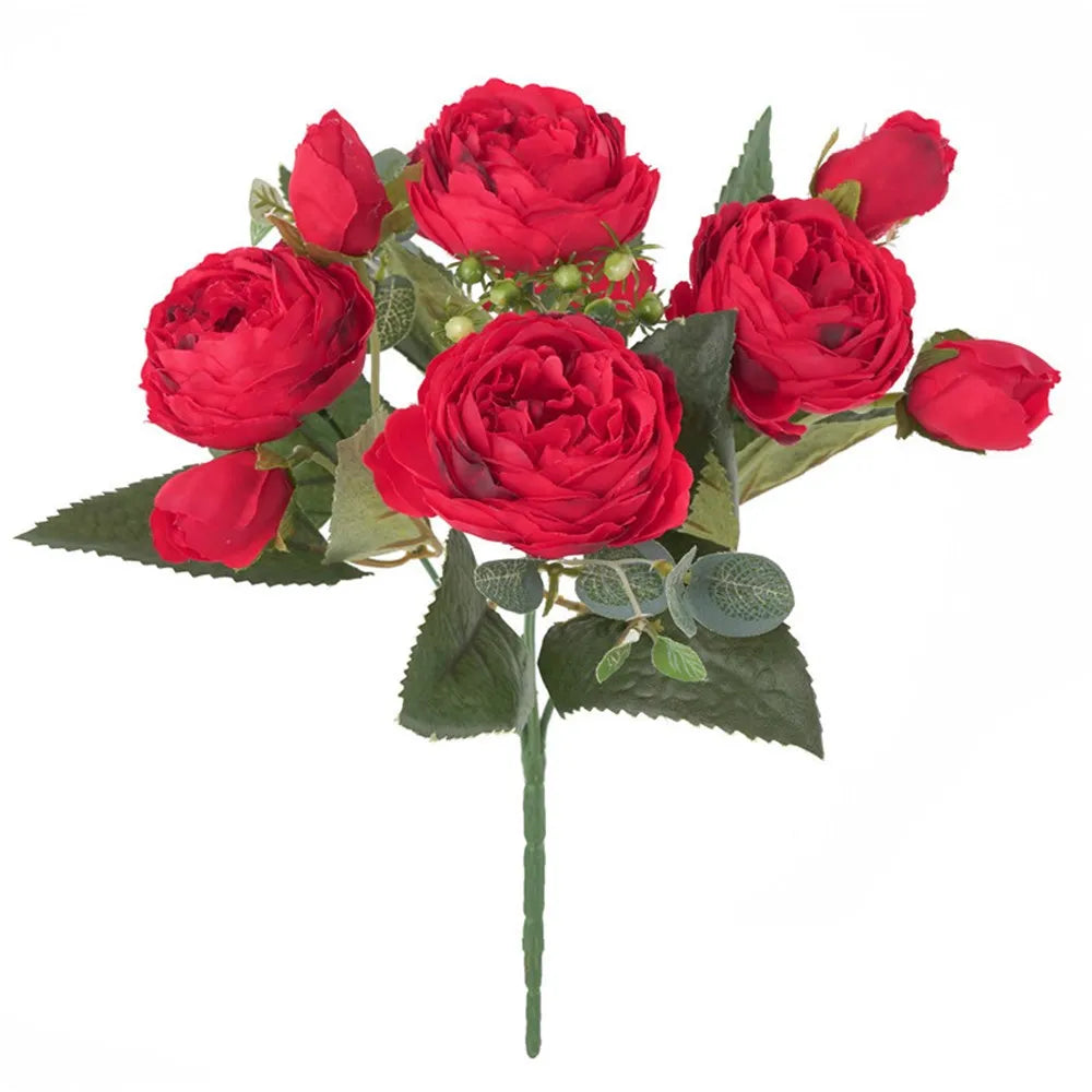 Silk Peony Artificial Flower Bouquet – Roses & Gypsophila, 12 Colors Artificial Flower Bouquet Babs Red 1pc