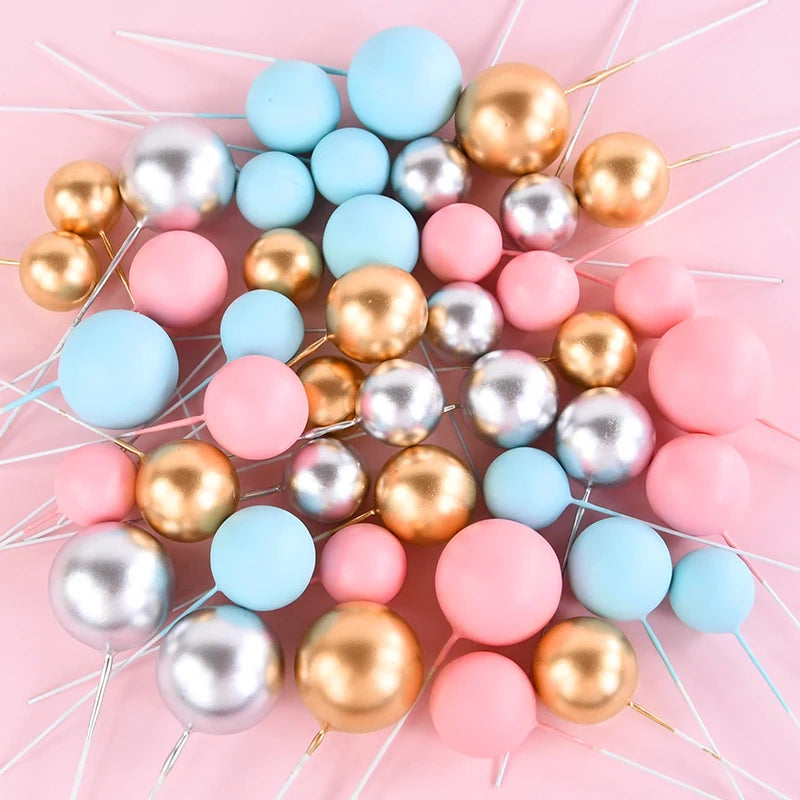 10Pcs Ball Cake Toppers Gold Blue Pink – Party & Wedding Cake Topper Set Babs