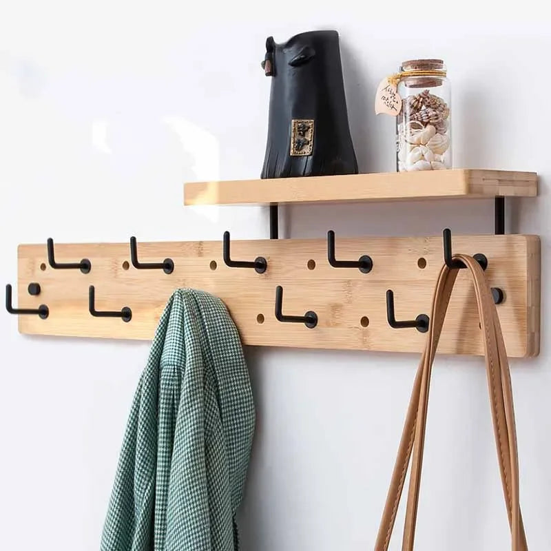 Wall Mounted Coat Rack with Shelf & 10 Hooks – Bamboo Wall Coat Rack Babs