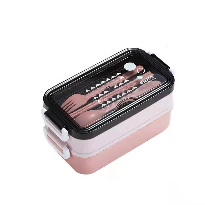 Double Layer Lunch Box with Compartments & Fork/Spoon Lunch Box Babs Pink