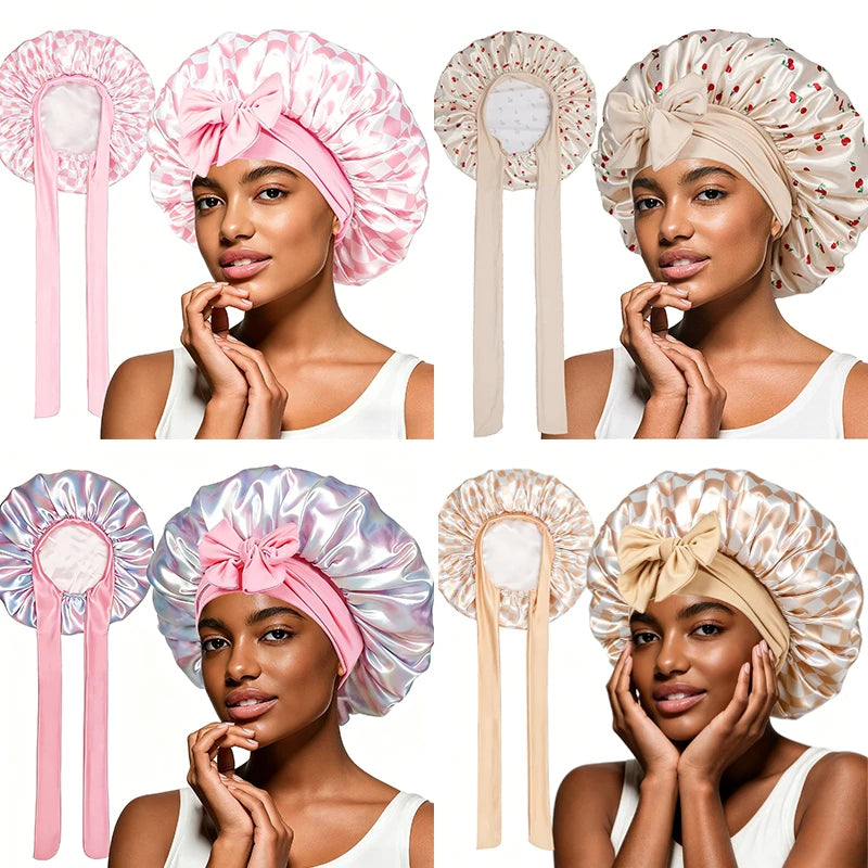 Satin Sleep Bonnet Cherry Print Lace-Up Hair Care Night Cap Satin Sleep Bonnet Babs