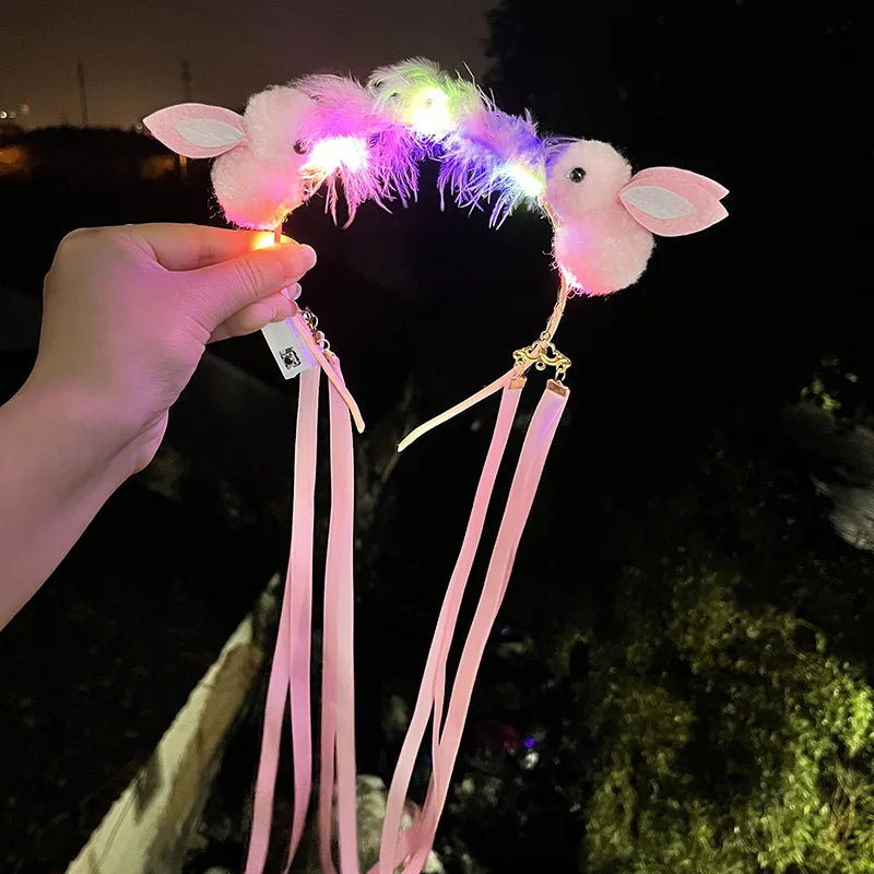 LED Light-Up Rabbit Headband | Feather Tassel Party Accessory LED Party Headband Babs