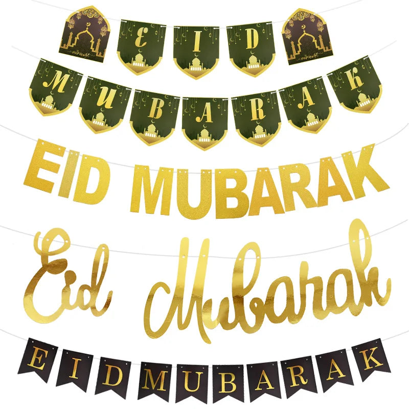 Eid Mubarak Glitter Banner – Star Moon Paper Bunting Garland Party Banner Garland Babs