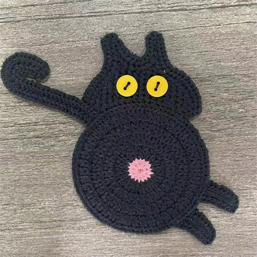 Hand-Crocheted Black Cat Coaster – Wool Cup Insulation Mat Cup Coaster Mat Babs black L cartoon figure