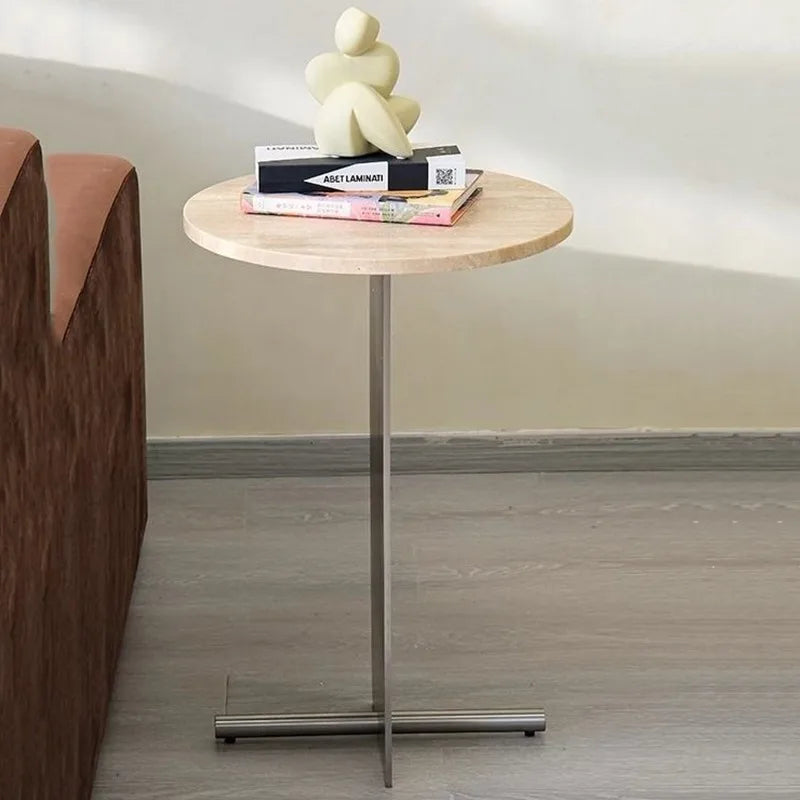 Round Travertine Stone Side Table – Modern Stainless Steel Base Stone Side Table Babs