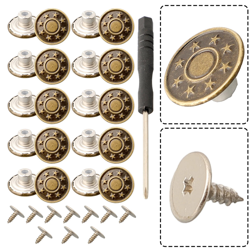 10PCS Metal Jeans Buttons 17mm No-Sew Screw Replacement Kit Jeans Button Repair Kit Babs