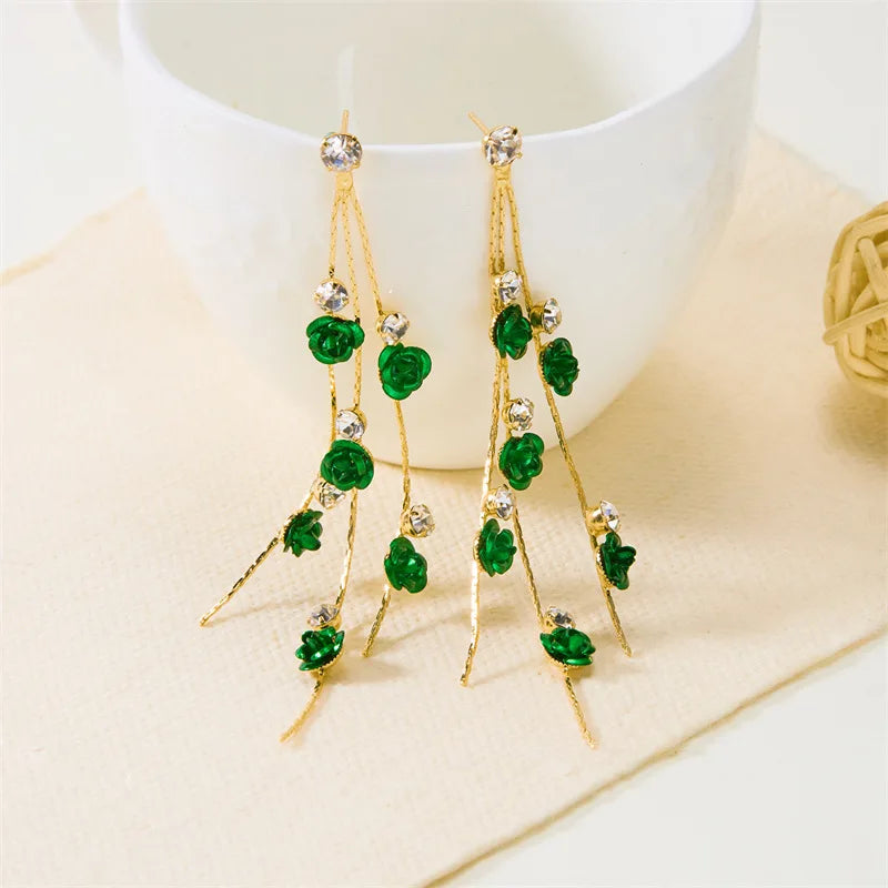 Rose Petal Drop Earrings – Blue White Tassel Dangle for Women Dangle Drop Earrings Babs Green