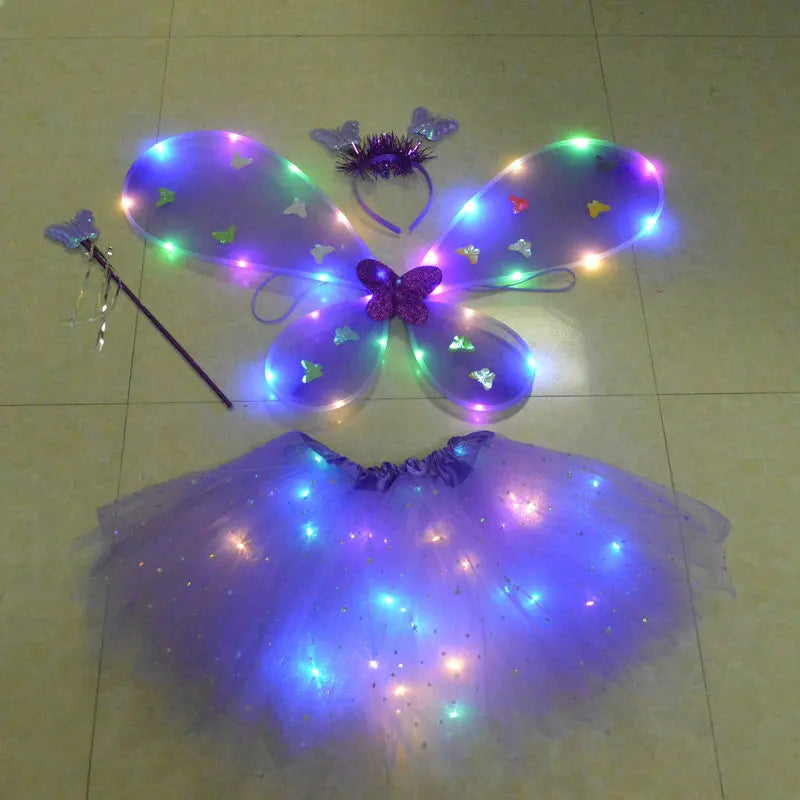 Girls Fairy Angel Glowing Butterfly Wings & Wand Costume Set Kids Costume Set Babs PURPLE