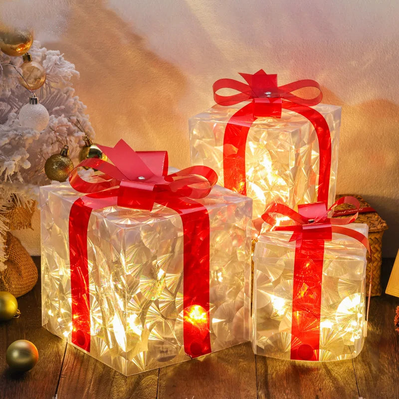 Christmas LED Glowing Gift Box Ornaments – Warm White Bow Décor Christmas LED Ornament Babs