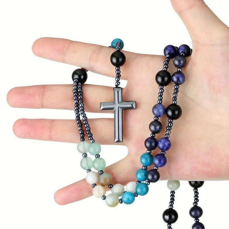 Natural Stone Rosary Necklace – Amazonite & Hematite Cross Gemstone Bead Necklace Babs