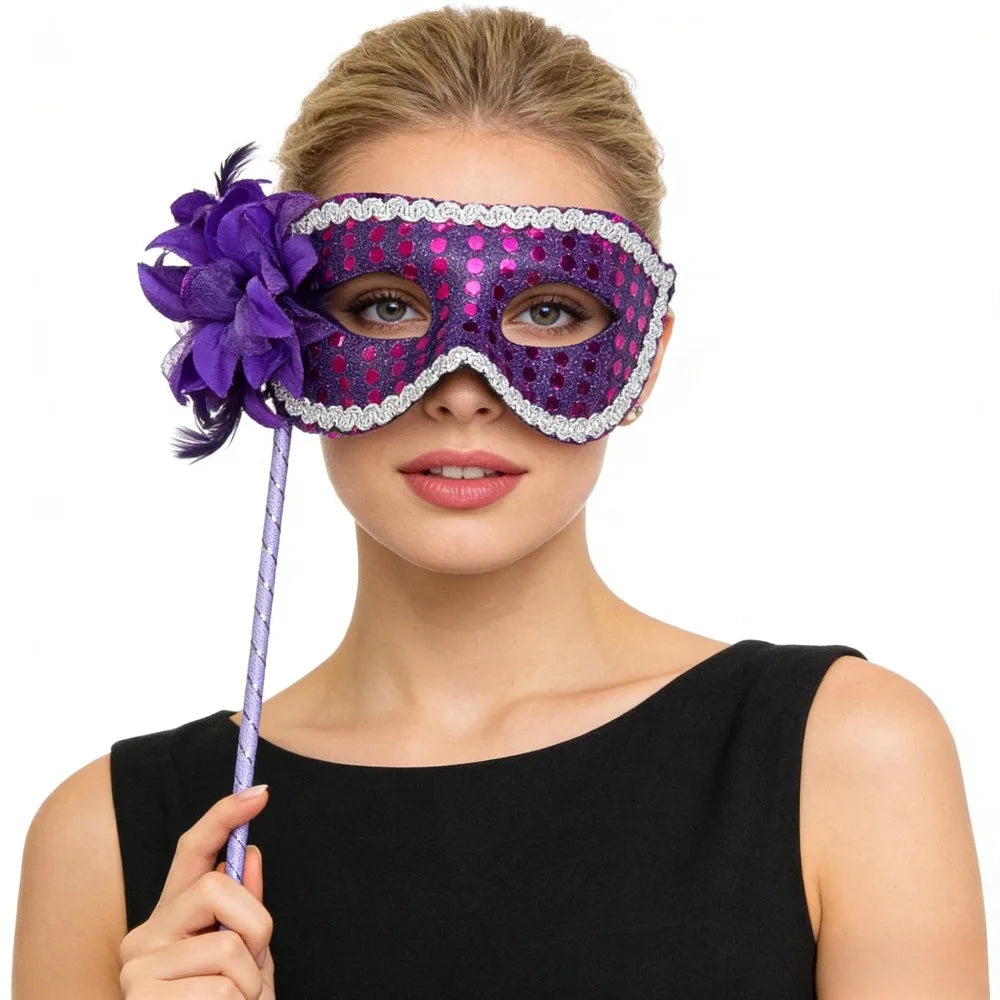 10pcs Sequin Feather Masquerade Masks on Stick for Women Masquerade Mask Set Babs