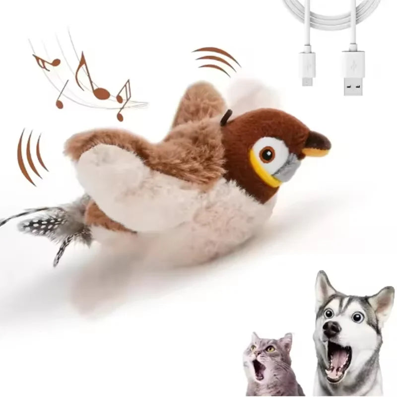 Flapping Bird Cat Toy – Bite Resistant Plush Sparrow Cat Plush Toy Babs brown