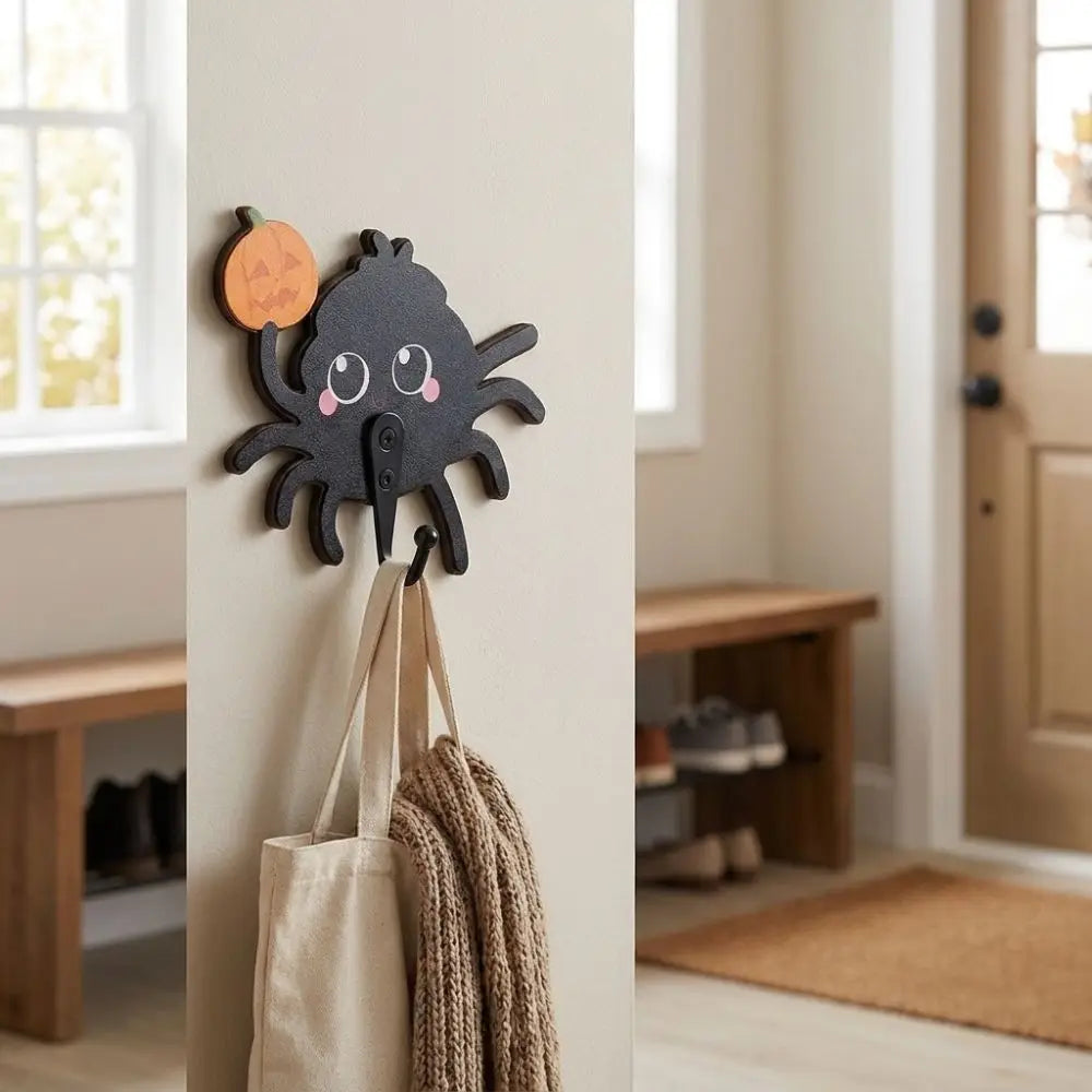 Halloween Spider Wall Hook – No-Drill Gothic Wooden Key Holder Decorative Wall Hook Babs