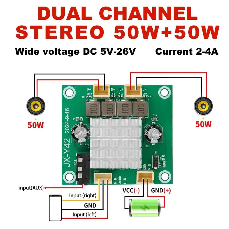 100W Class D Stereo Amplifier Board 50W+50W DC 5-26V DIY Audio Audio Amplifier Board Babs