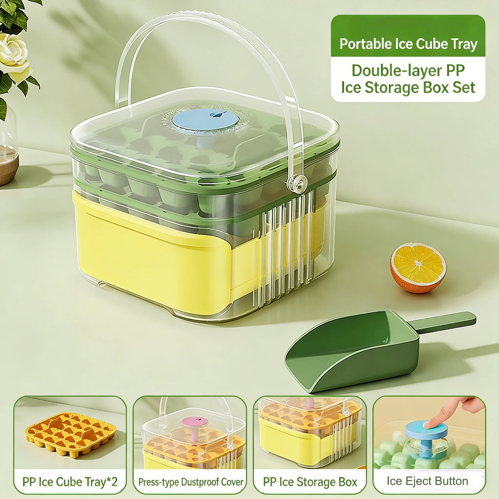 Double Layer Ice Cube Tray with Lid, Bin & One-Click Release Ice Cube Tray Babs Green