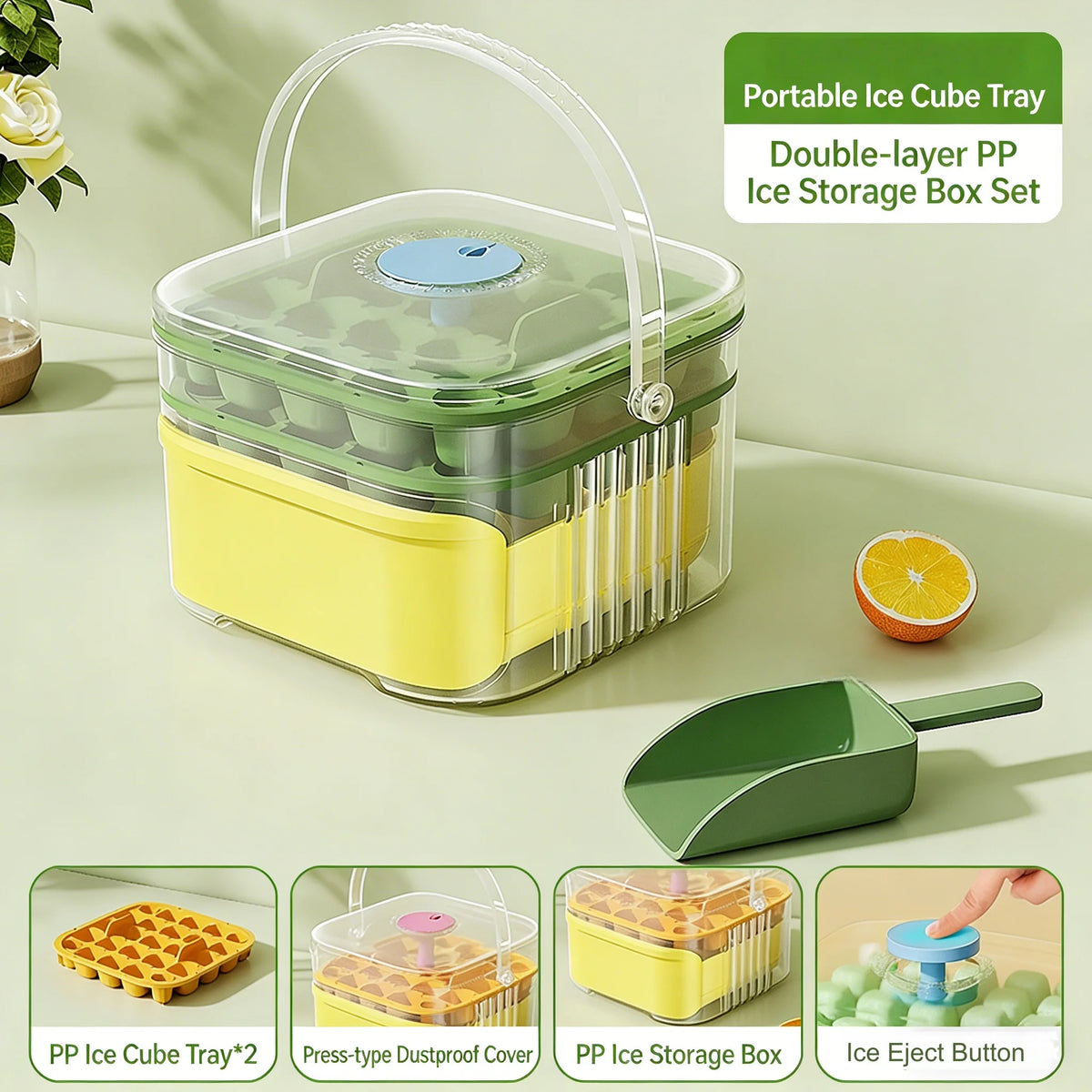 Double Layer Ice Cube Tray with Lid, Bin & One-Click Release Ice Cube Tray Babs Green