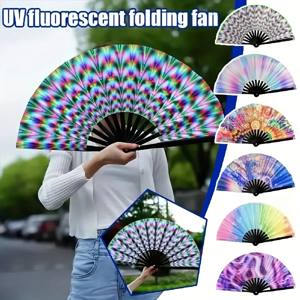 Large Carnival Folding Fan – Neon Mushroom Pattern, Unisex Decorative Folding Fan Babs