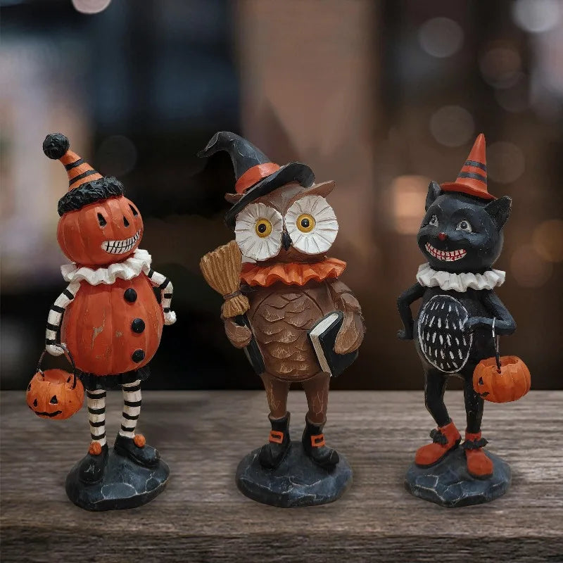 Halloween Pumpkin Owl Black Cat Resin Figurine Ornaments Halloween Figurine Set Babs