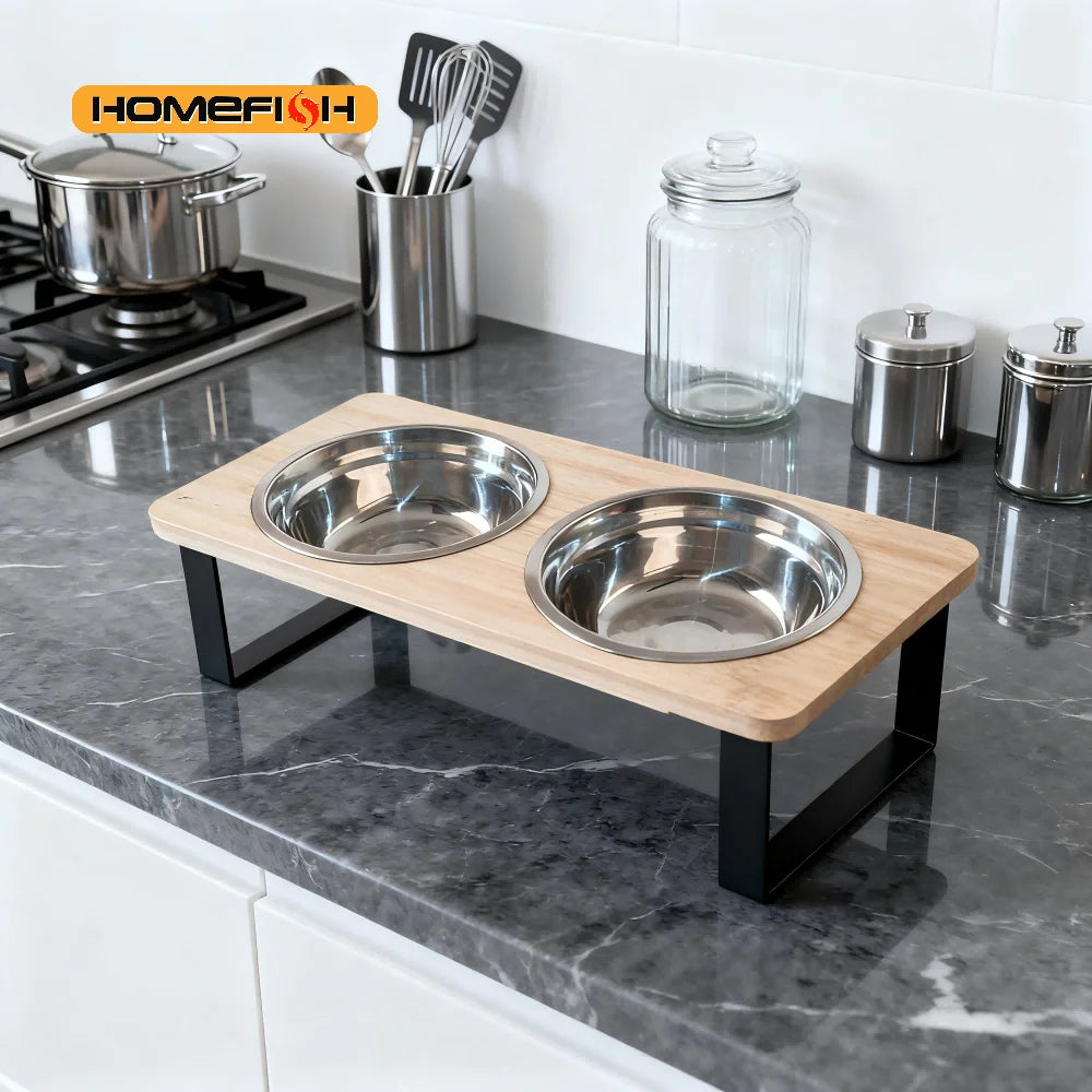 Elevated Cat Bowl 15° Tilted Raised Feeder with Wooden Base & 2 Bowls Elevated Cat Feeder Babs
