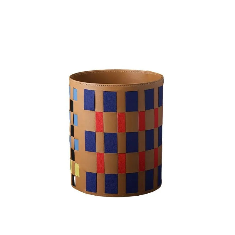 Colorful Leather Woven Round Storage Basket | Organizer Bin Woven Storage Basket Babs