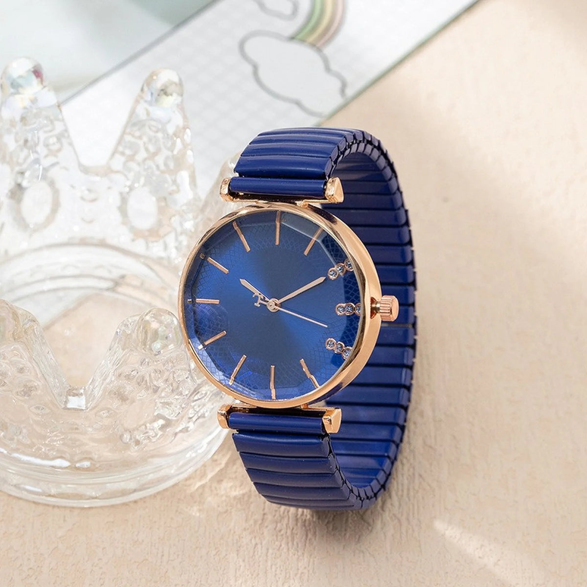 Women's Crystal Blue Quartz Watch – Stretch Strap Dress Watch Women's Dress Watch Babs