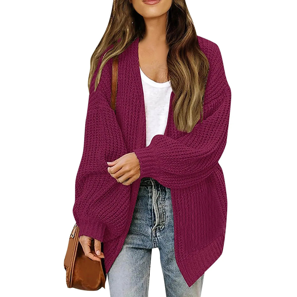 Women's Lantern Sleeve Thick-Knit Cardigan – Loose V-Neck Coat Knit Cardigan Sweater Babs XXL Fuchsia
