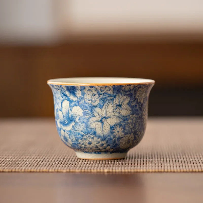 Ice Crack Porcelain Tea Cup – Blue & White Buddhist Retro Style Porcelain Tea Cup Babs