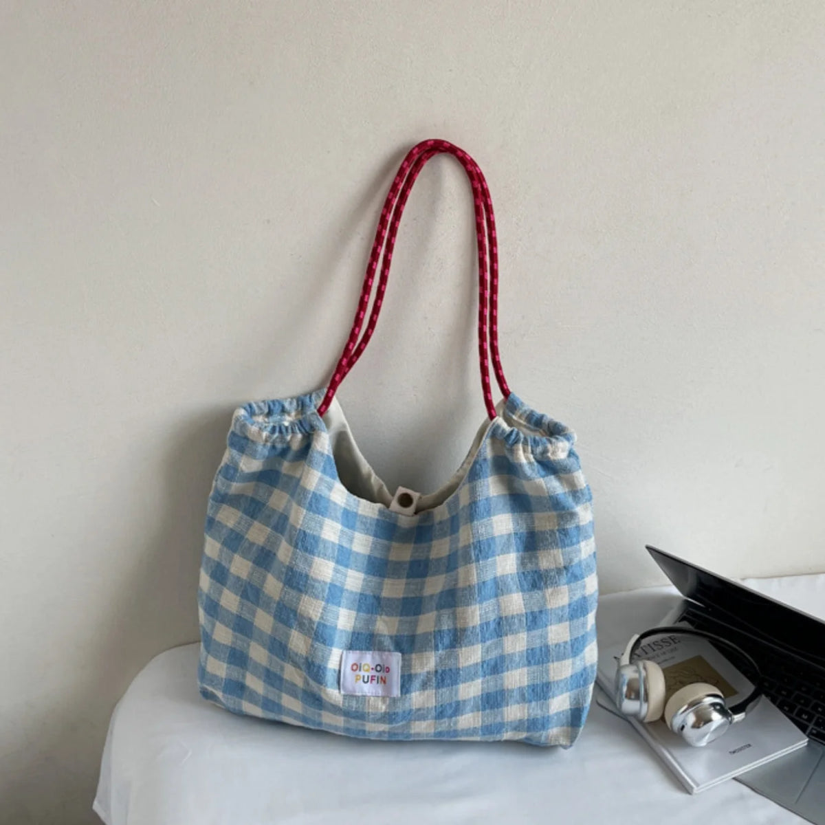 Women's Large Canvas Tote Bag – Korean Plaid Shoulder Handbag Canvas Shoulder Tote Babs Blue