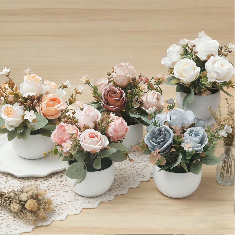 Silk Rose Artificial Flower Bonsai with Vase – Wedding & Home Décor Artificial Flower Bonsai Babs