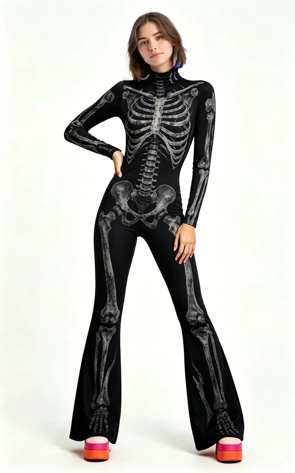 Women's Rainbow Skeleton Flared Catsuit Halloween Jumpsuit Halloween Costume Babs M XXL