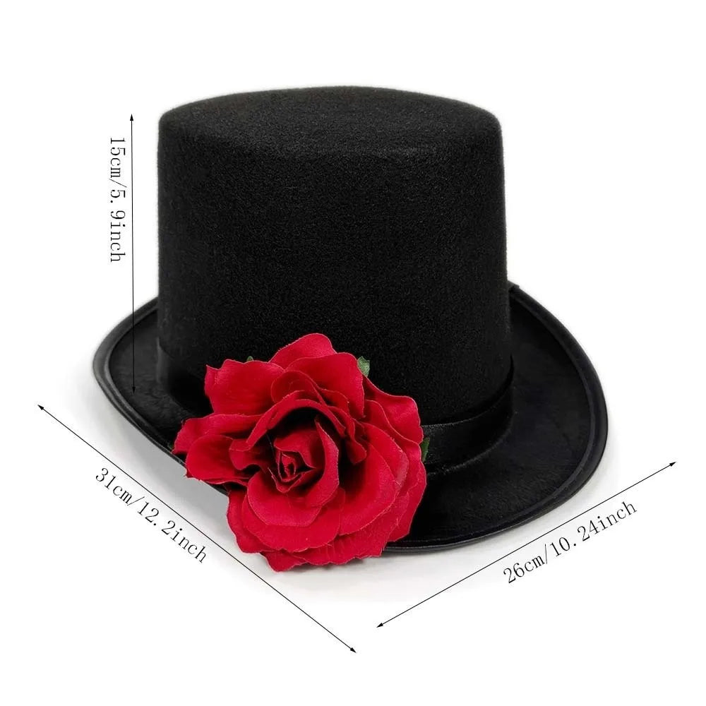 Gothic Top Hat with Artificial Rose – Black & Red Magician Fedora Gothic Costume Hat Babs