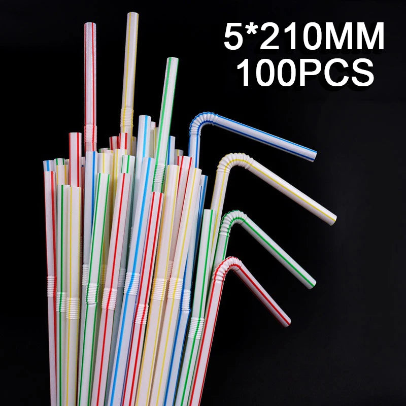 Bendable Multicolor Fluorescent Plastic Drinking Straws Disposable Drinking Straws Babs Stripe 100Pcs