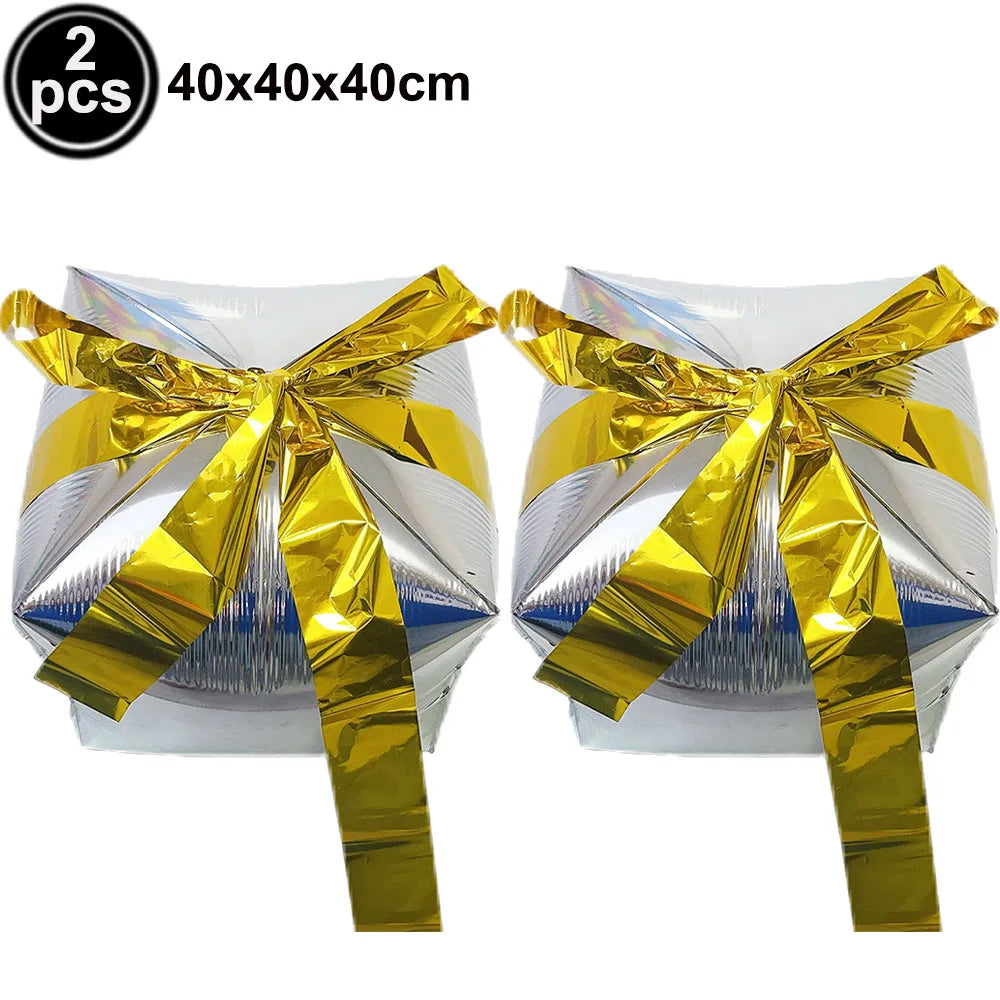 Christmas Gift Box Foil Balloons Red Green Gold Silver 2/4pcs Foil Party Balloons Babs AGATE As pictures show