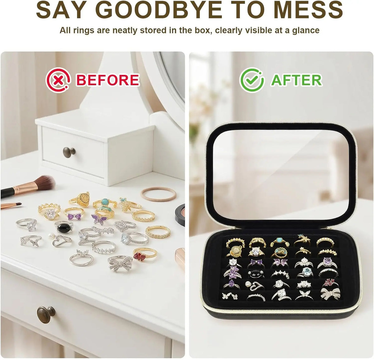 6-Row Velvet Ring Organizer Box – Clear Top, Holds 30+ Rings Ring Organizer Box Babs