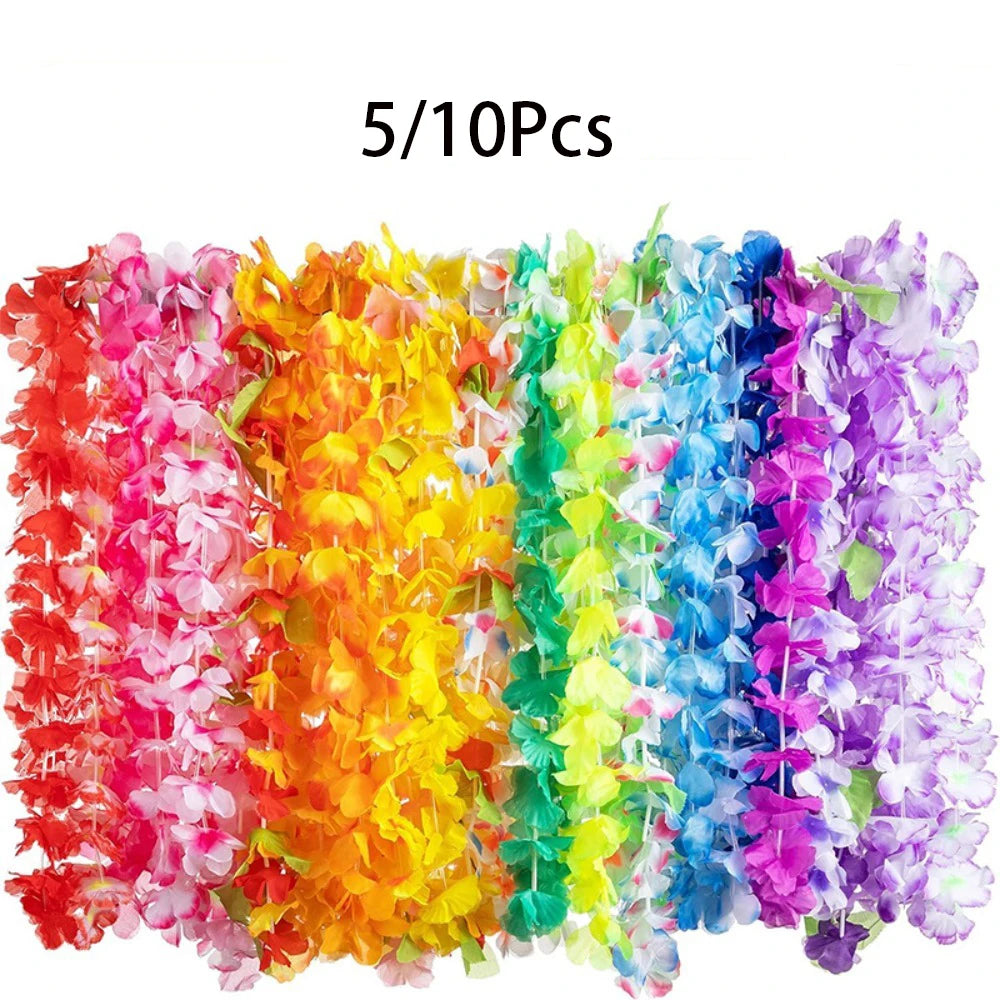 Hawaiian Flower Leis 5/10Pcs – Silk Luau Party Garlands Party Flower Leis Babs Mix 5Pcs