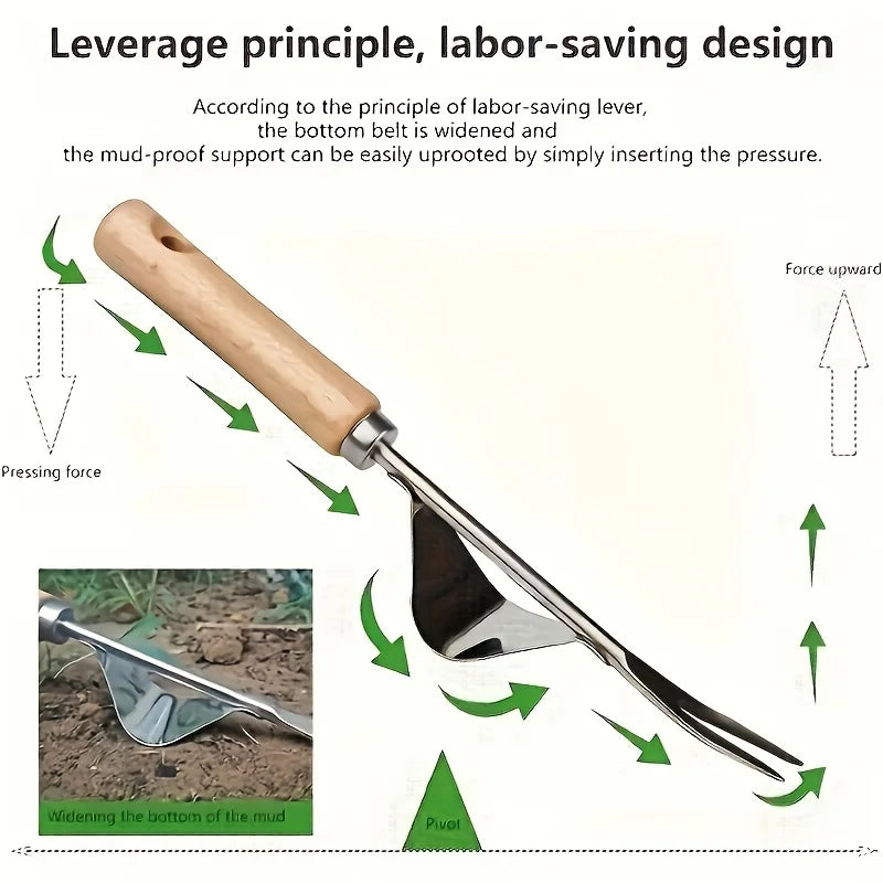 Ergonomic Stainless Steel Weed Remover with Wooden Handle Hand Weeding Tool Babs