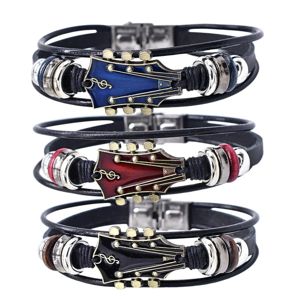 Retro Punk Guitar Charm Bracelet – Braided PU Leather Wrap Charm Wrap Bracelet Babs