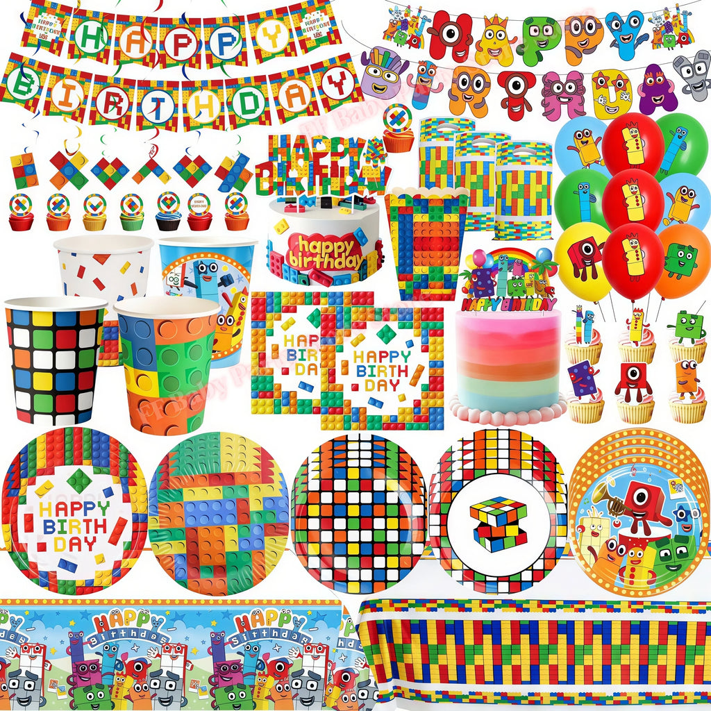 Building Blocks Birthday Party Kit – Plates, Cups, Balloons Party Tableware Kit Babs