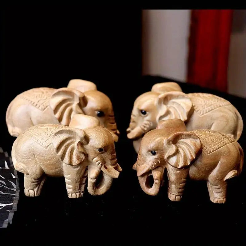 Hand-Carved Wooden Elephant Ornament – Auspicious Home Décor Wood Carving Ornament Babs