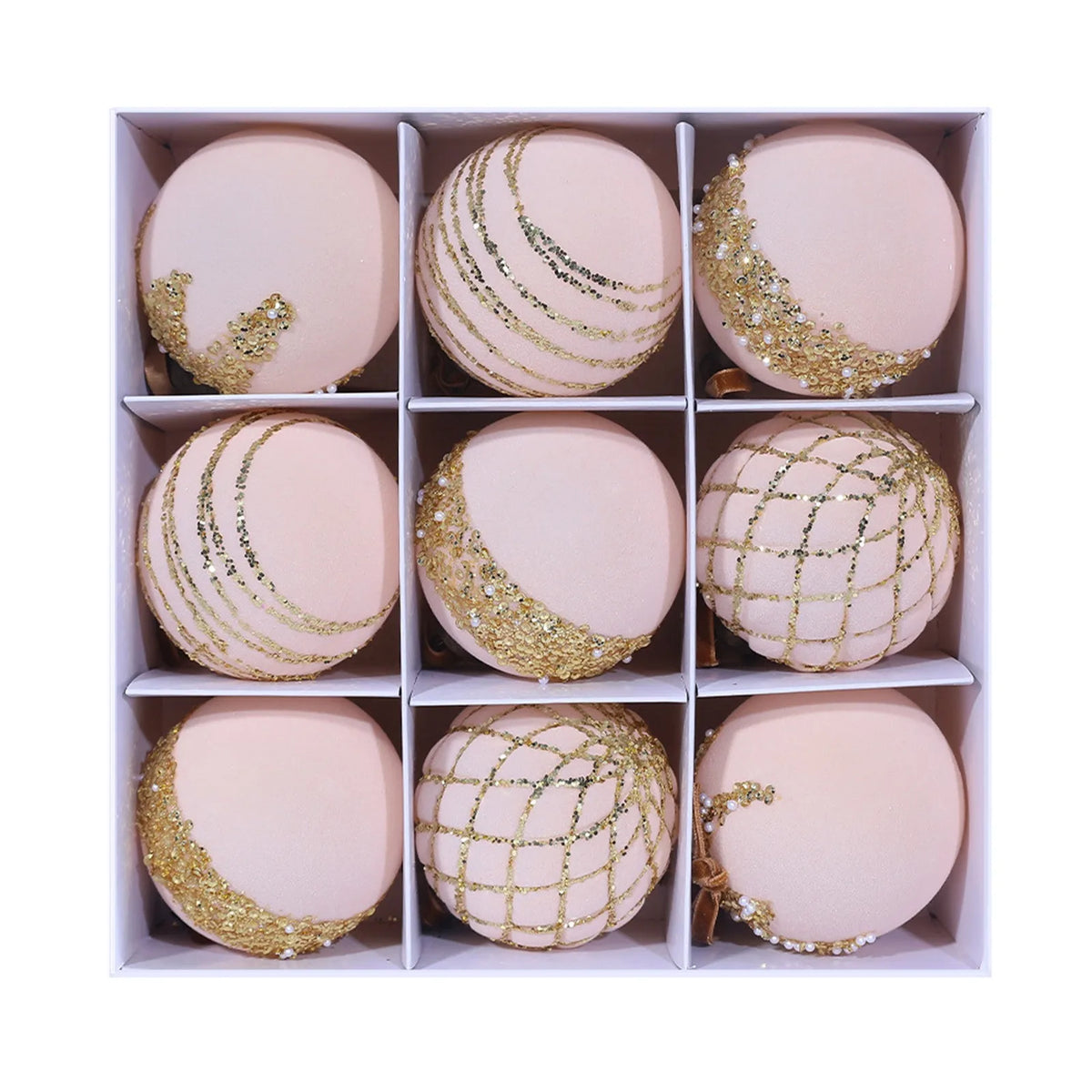 9-Piece Flocked Green Velvet Christmas Ball Ornaments 80MM Set Christmas Ornaments Set Babs 8cm Light pink