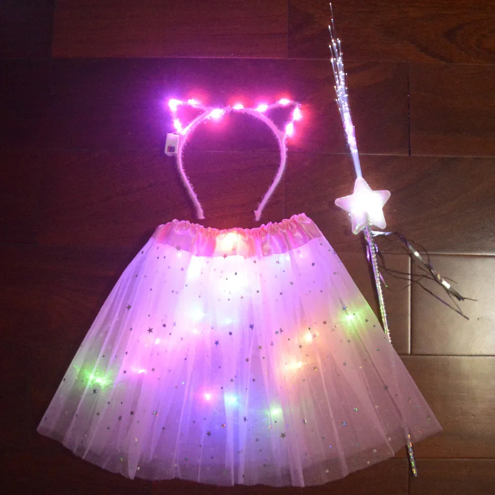 LED Light-Up Tutu Skirt, Glow Headband & Wand Costume Set LED Costume Set Babs 2a for 5-10 years girls