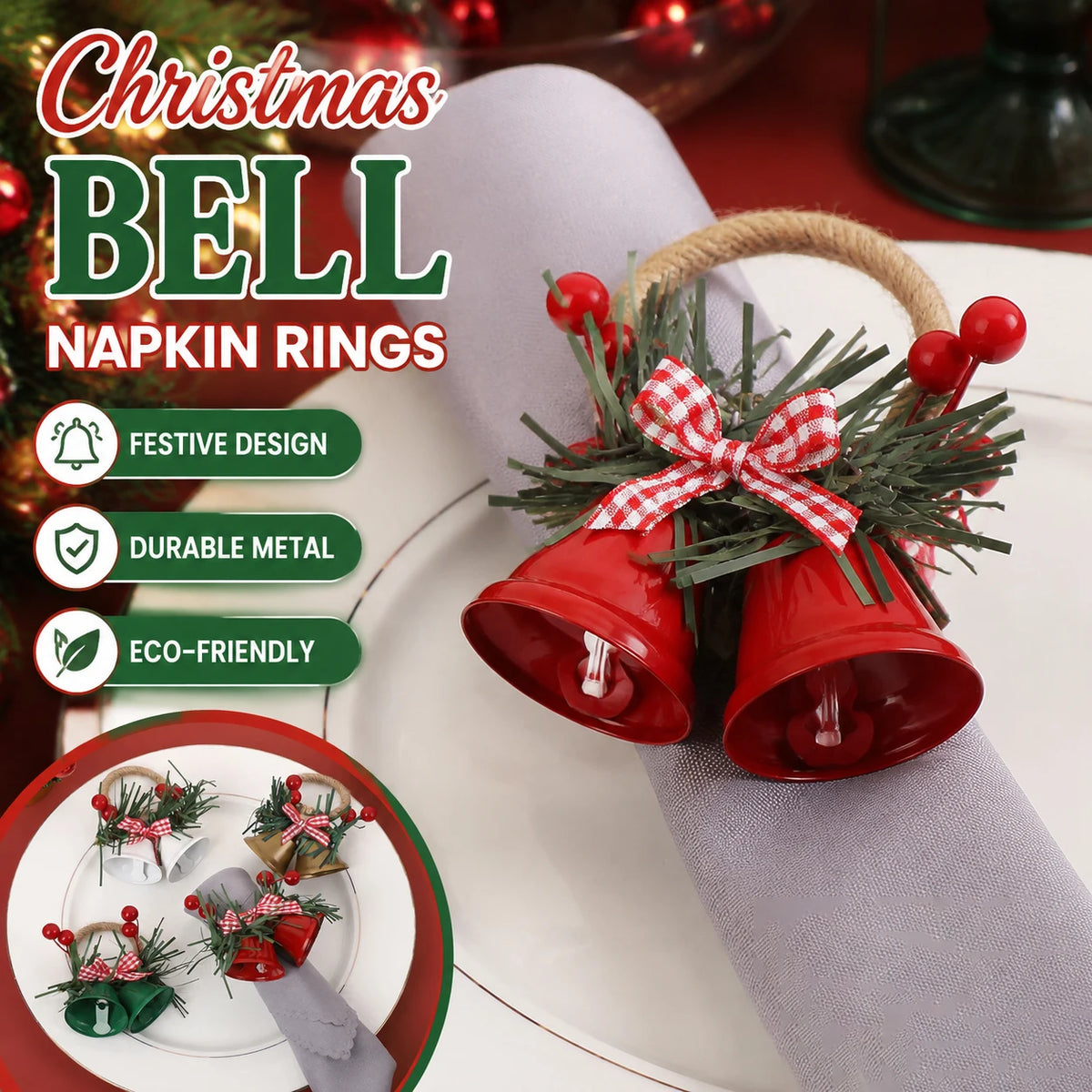 Christmas Bell Metal Napkin Rings – Woven Holiday Table Decor Napkin Rings Babs