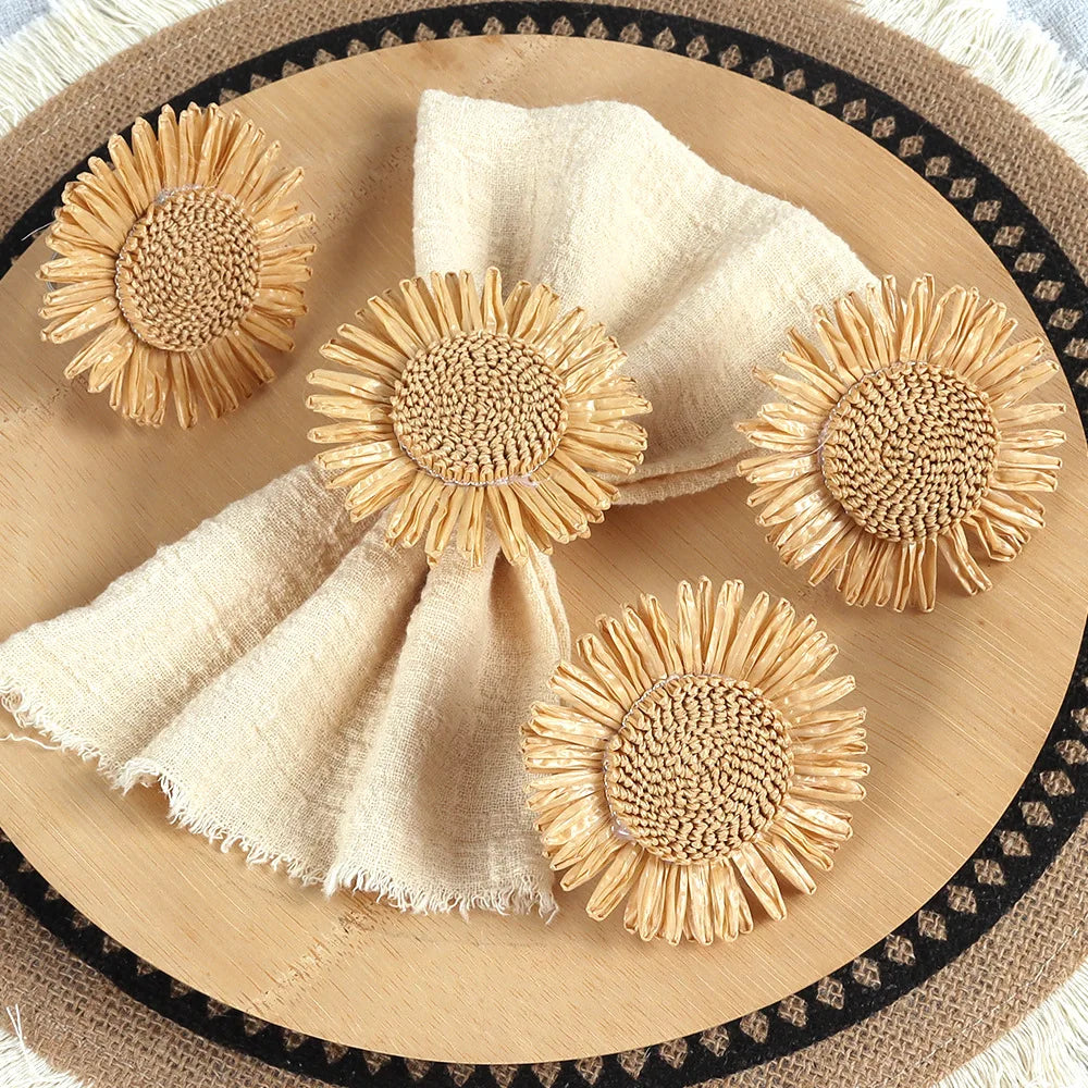 Natural Raffia Sunflower Napkin Ring Set | Rustic Woven Holders Napkin Ring Set Babs