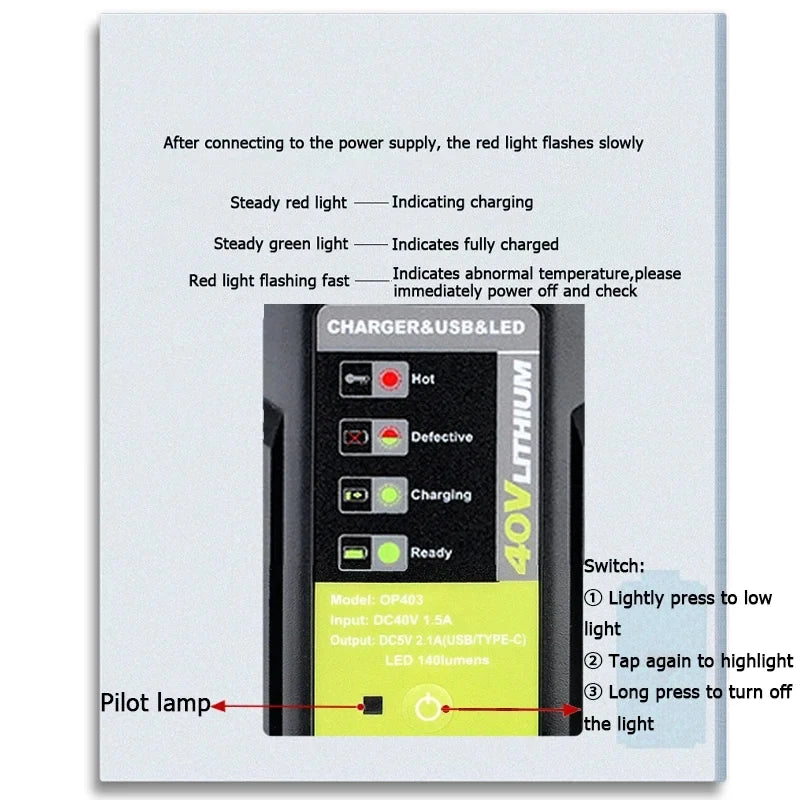 Ryobi 40V Battery Adapter USB Type-C 5V 2.1A LED Work Light Battery Power Adapter Babs