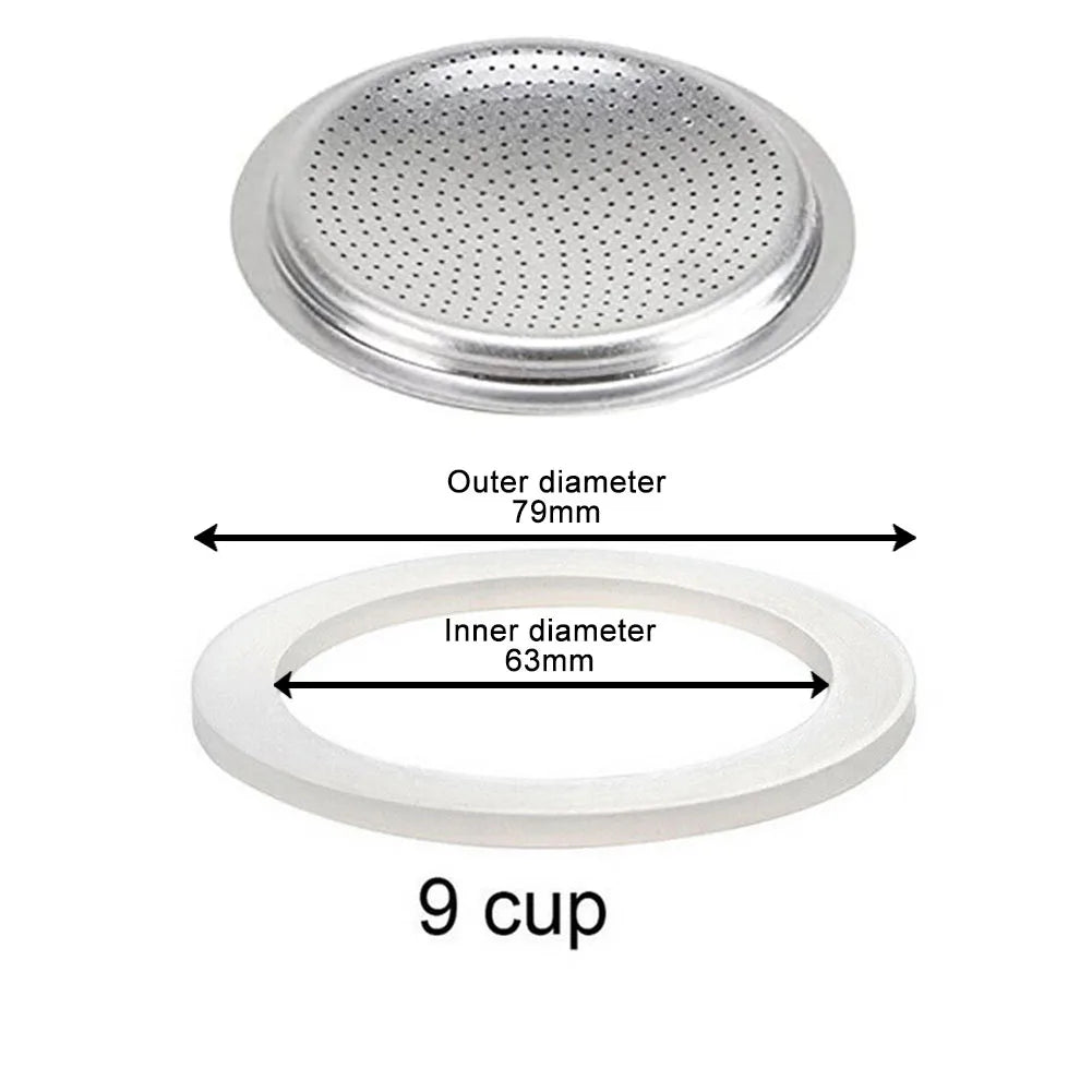 Silicone Moka Pot Seal Ring & Filter Screen – 6 Sizes Moka Pot Seal Ring Babs 9 cup sieve
