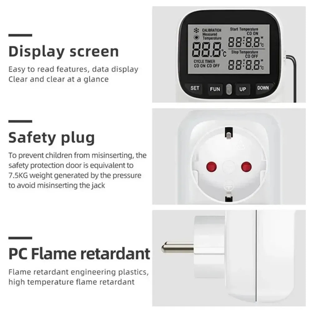 Digital LCD Thermostat Socket 16A EU Plug with Timer & Sensor Thermostat Socket Babs